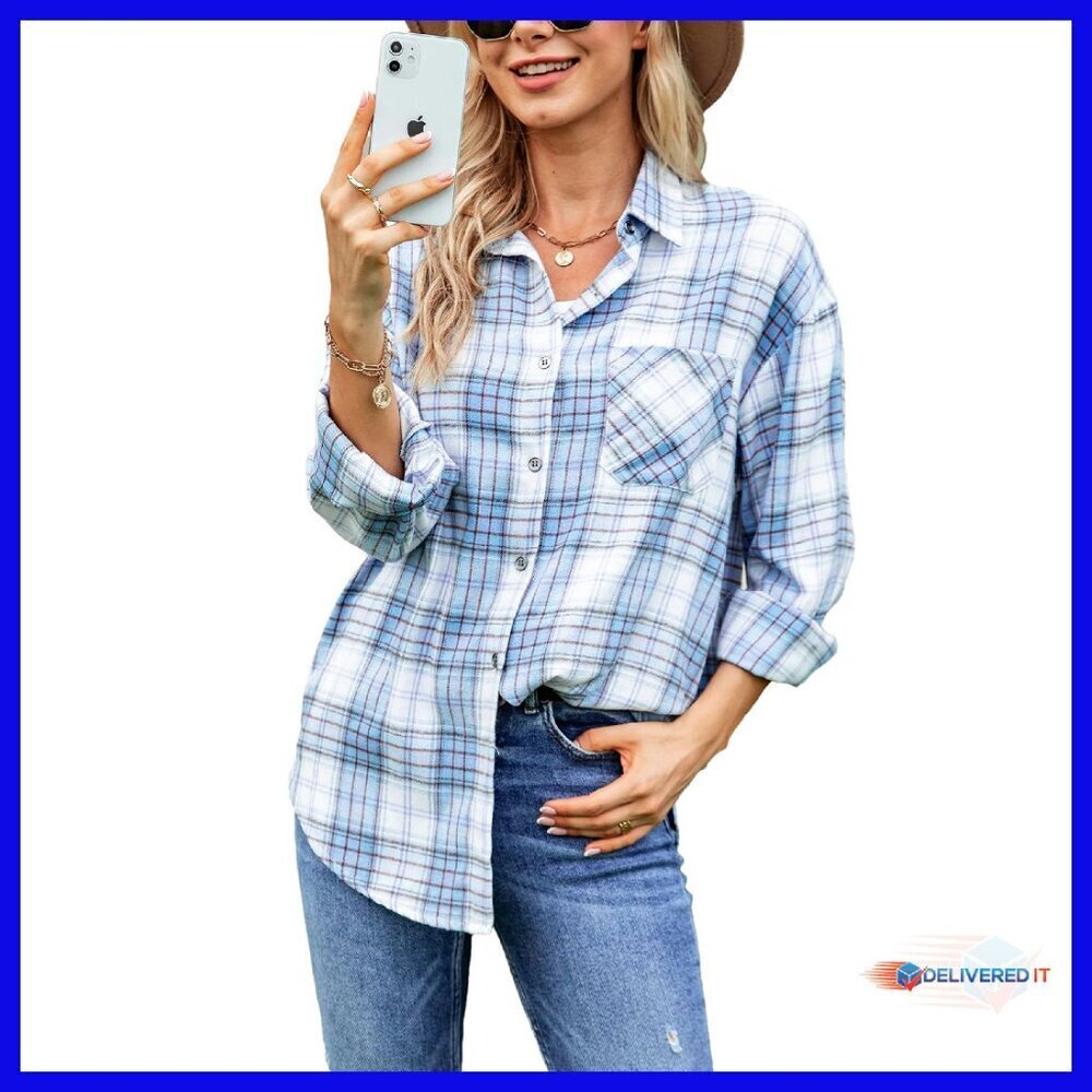Oversized Flannel Button Down Shirt Women's Long Sleeve Plaid Blouse